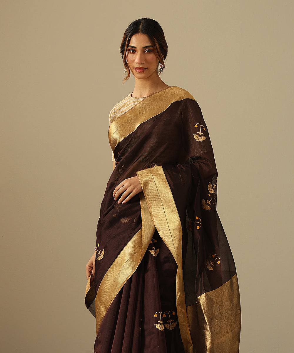 Handloom_Coke_Brown_Pure_Silk_Chanderi_Saree_With_Zari_And_Meenakari_Floral_Boota_WeaverStory_01