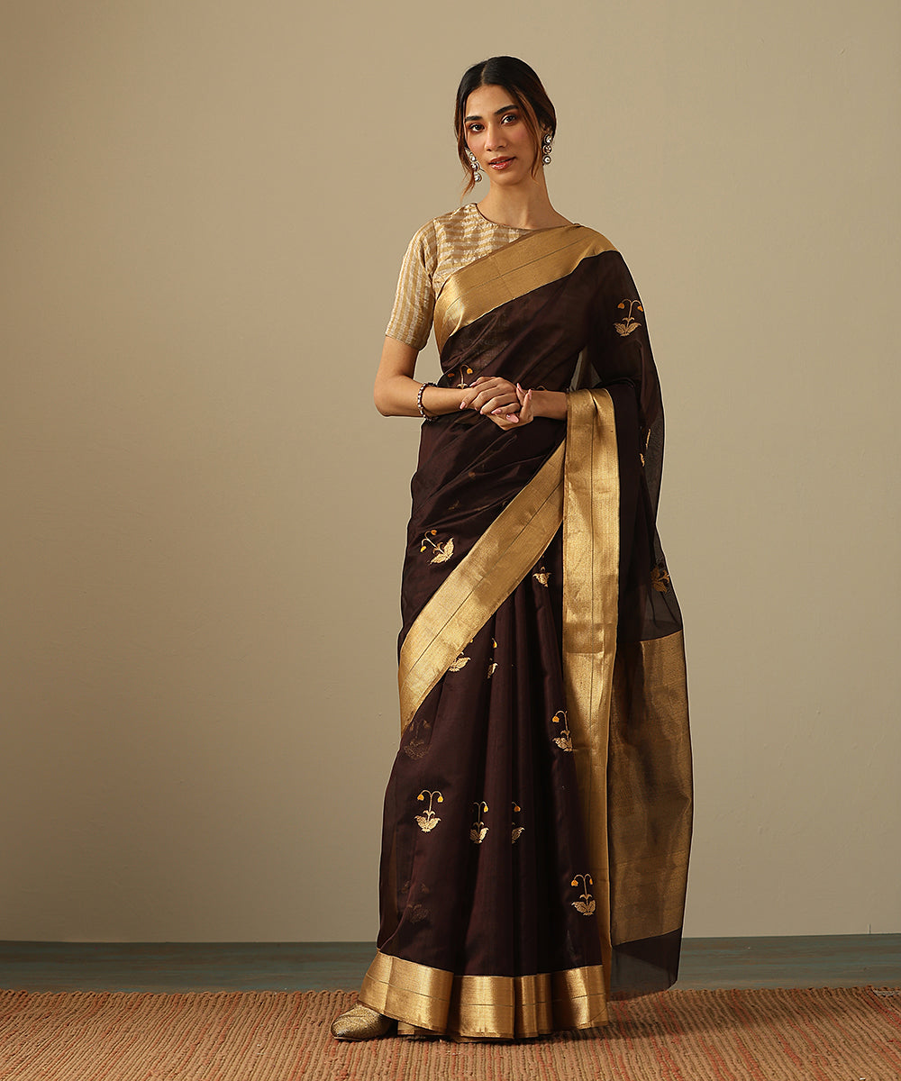 Handloom_Coke_Brown_Pure_Silk_Chanderi_Saree_With_Zari_And_Meenakari_Floral_Boota_WeaverStory_02
