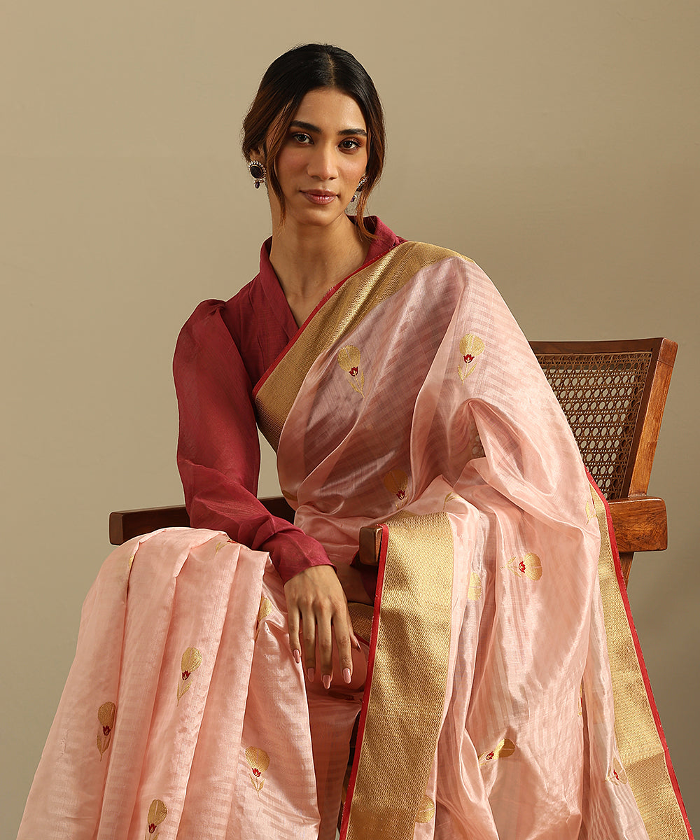 Peach_Handloom_Striped_Pure_Silk_Chanderi_Saree_With_Floral_Boota_And_Zari_Border_WeaverStory_01