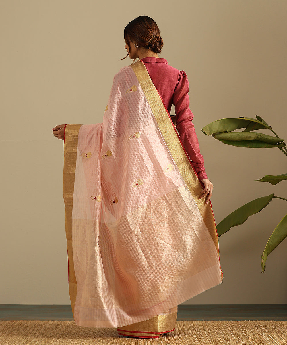 Peach_Handloom_Striped_Pure_Silk_Chanderi_Saree_With_Floral_Boota_And_Zari_Border_WeaverStory_03
