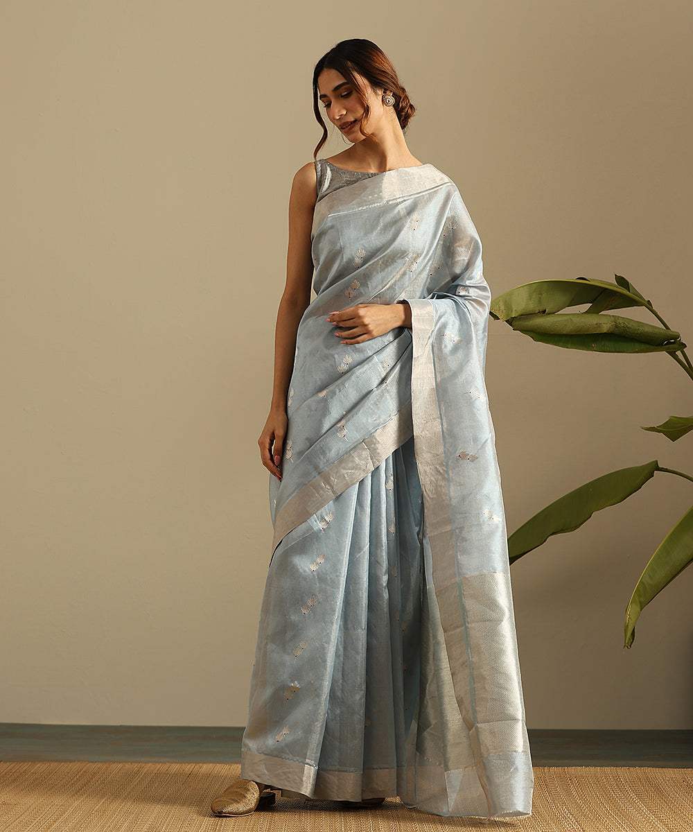 Blue_And_Silver_Zari_Handloom_Pure_Silk_Tissue_Chanderi_Saree_With_Twin_Flower_Motif__WeaverStory_02