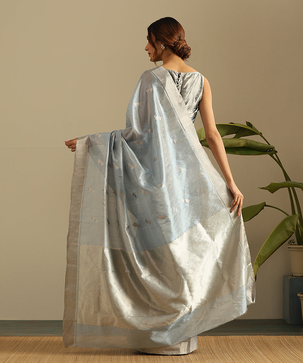 Blue_And_Silver_Zari_Handloom_Pure_Silk_Tissue_Chanderi_Saree_With_Twin_Flower_Motif__WeaverStory_03