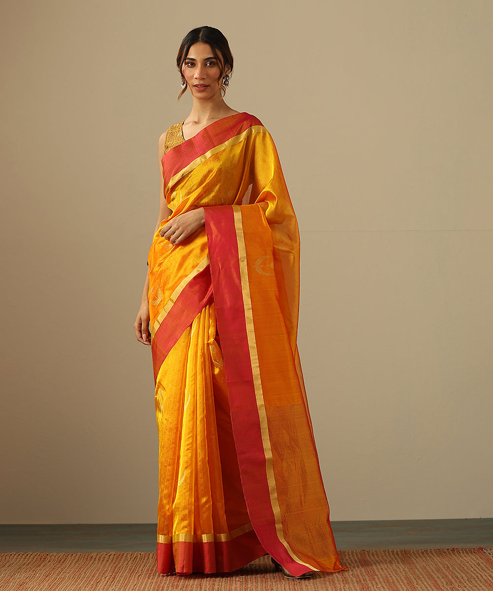 Mango_Yellow_Handloom_Pure_Silk_Chanderi_Saree_With_Zari_Boota_And_Pink_Border_WeaverStory_02