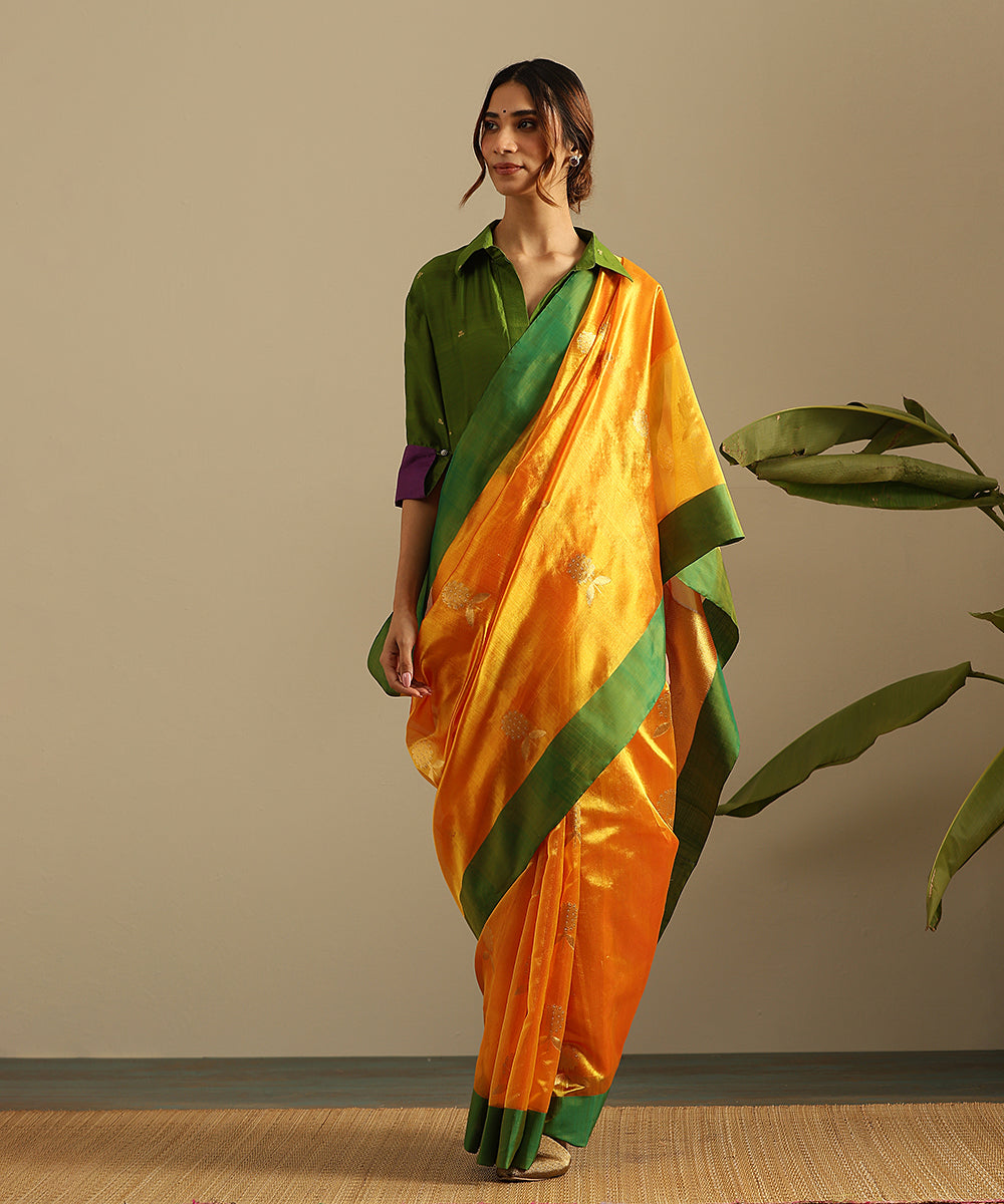 Orange_Handloom_Pure_Silk_Chanderi_Saree_With_Marigold_Boota_And_Green_Border_WeaverStory_02
