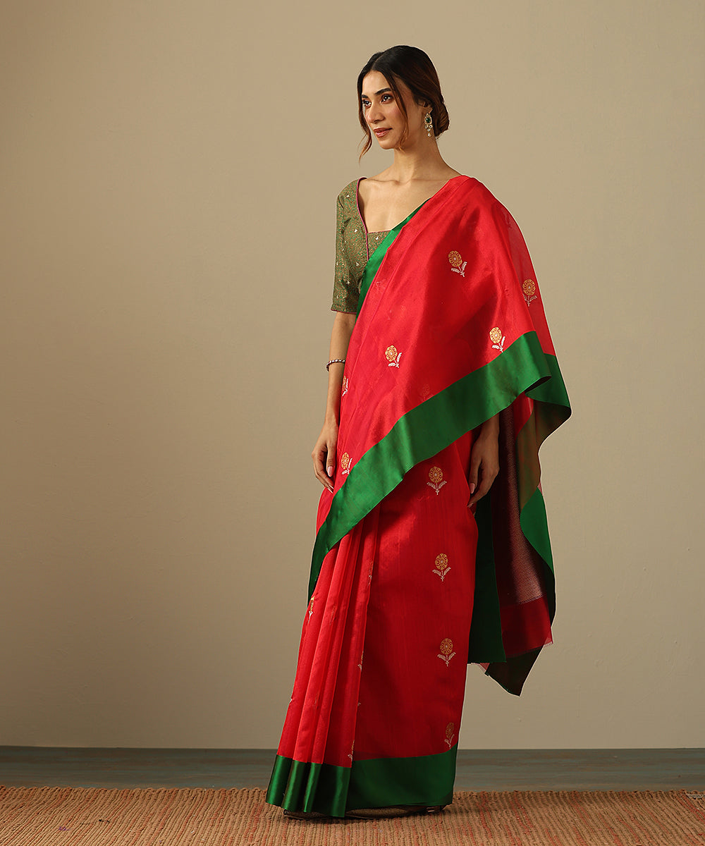 Red_Handloom_Pure_Silk_Chanderi_Saree_With_Marigold_Boota_And_Green_Mashroo_Silk_Border_WeaverStory_02