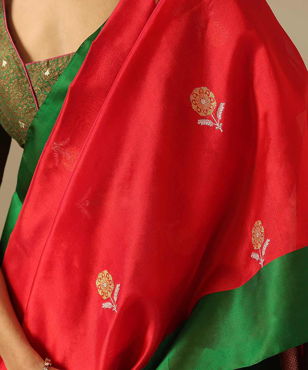 Red_Handloom_Pure_Silk_Chanderi_Saree_With_Marigold_Boota_And_Green_Mashroo_Silk_Border_WeaverStory_04