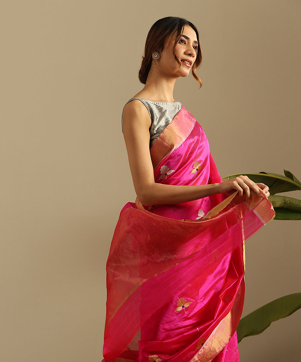 Hot_Pink_Handloom_Pure_Chanderi_Silk_Saree_With_Floral_Motifs_And_Zari_Border_WeaverStory_01