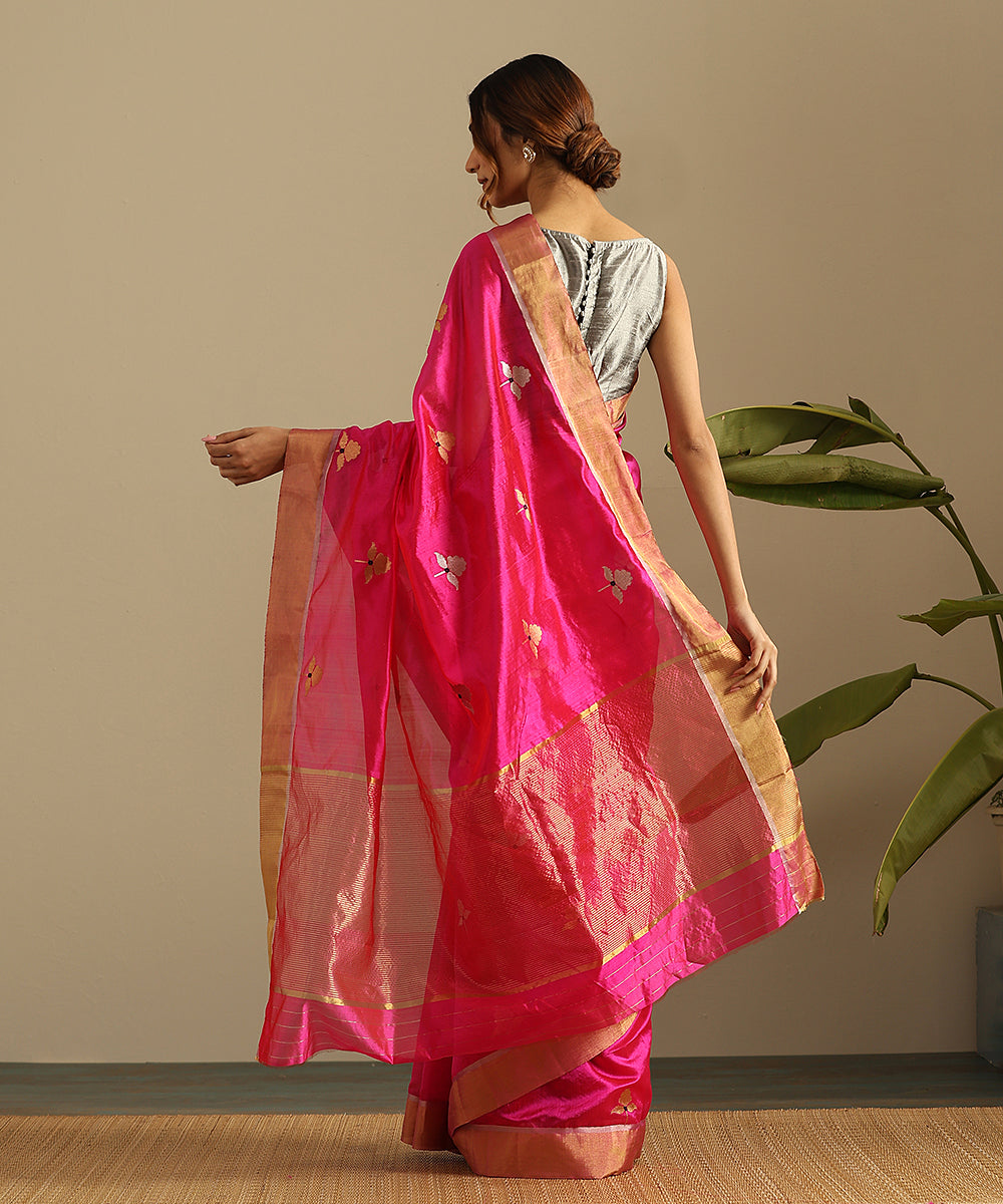 Hot_Pink_Handloom_Pure_Chanderi_Silk_Saree_With_Floral_Motifs_And_Zari_Border_WeaverStory_03