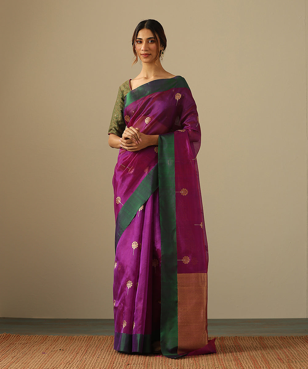 Handloom_Purple_Pure_Silk_Chanderi_Saree_With_Zari_Meenakari_Flowers_And_Green_Border_WeaverStory_02
