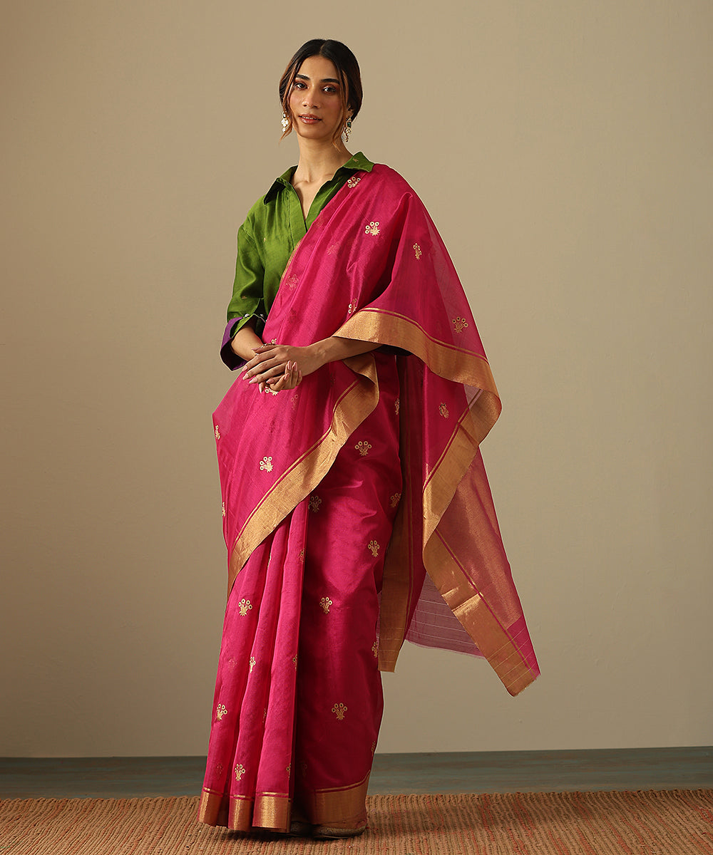 Berry_Pink_Handloom_Pure_Silk_Chanderi_Saree_With_Zari_Border_And_Floral_Motifs_WeaverStory_02