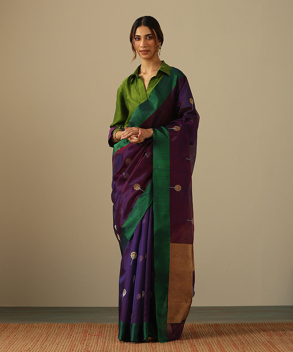 Purple_Handloom_Pure_Silk_Chanderi_Saree_With_Zari_Meenakari_Flowers_And_Green_Border_WeaverStory_02