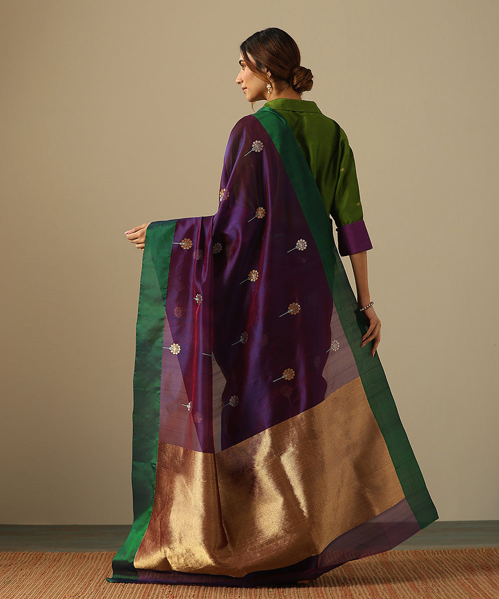 Purple_Handloom_Pure_Silk_Chanderi_Saree_With_Zari_Meenakari_Flowers_And_Green_Border_WeaverStory_03