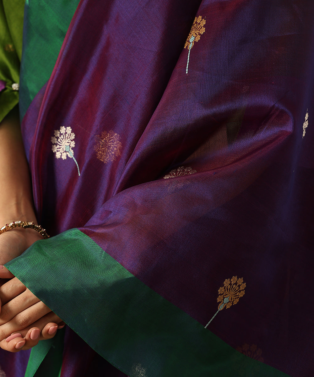 Purple_Handloom_Pure_Silk_Chanderi_Saree_With_Zari_Meenakari_Flowers_And_Green_Border_WeaverStory_04