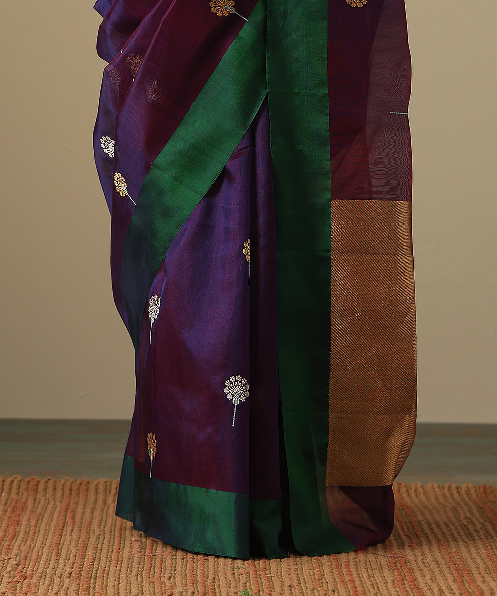 Purple_Handloom_Pure_Silk_Chanderi_Saree_With_Zari_Meenakari_Flowers_And_Green_Border_WeaverStory_05