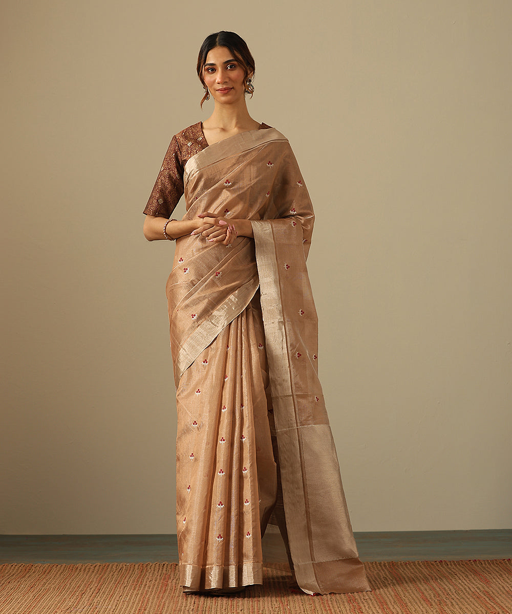 Brown_And_Silver_Handloom_Pure_Silk_Tissue_Chanderi_Saree_With_Meenakari_Floral_Booti_WeaverStory_02