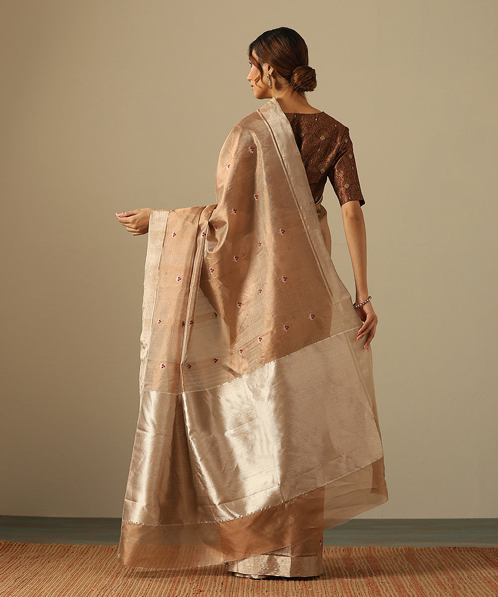 Brown_And_Silver_Handloom_Pure_Silk_Tissue_Chanderi_Saree_With_Meenakari_Floral_Booti_WeaverStory_03