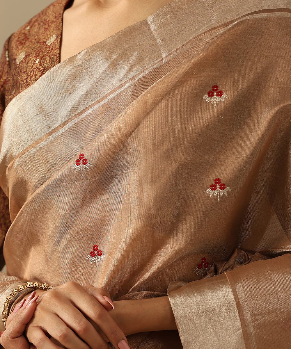 Brown_And_Silver_Handloom_Pure_Silk_Tissue_Chanderi_Saree_With_Meenakari_Floral_Booti_WeaverStory_04
