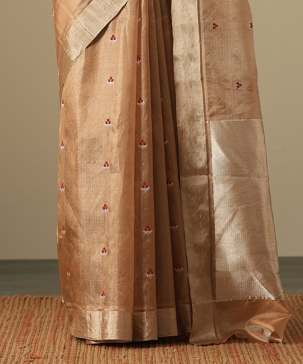 Brown_And_Silver_Handloom_Pure_Silk_Tissue_Chanderi_Saree_With_Meenakari_Floral_Booti_WeaverStory_05