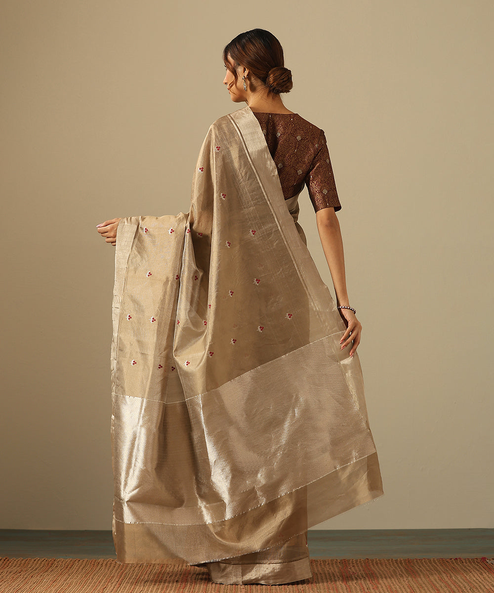 Khaki_And_Silver_Handloom_Pure_Tissue_Chanderi_Saree_With_Meenakari_Floral_Booti_WeaverStory_03