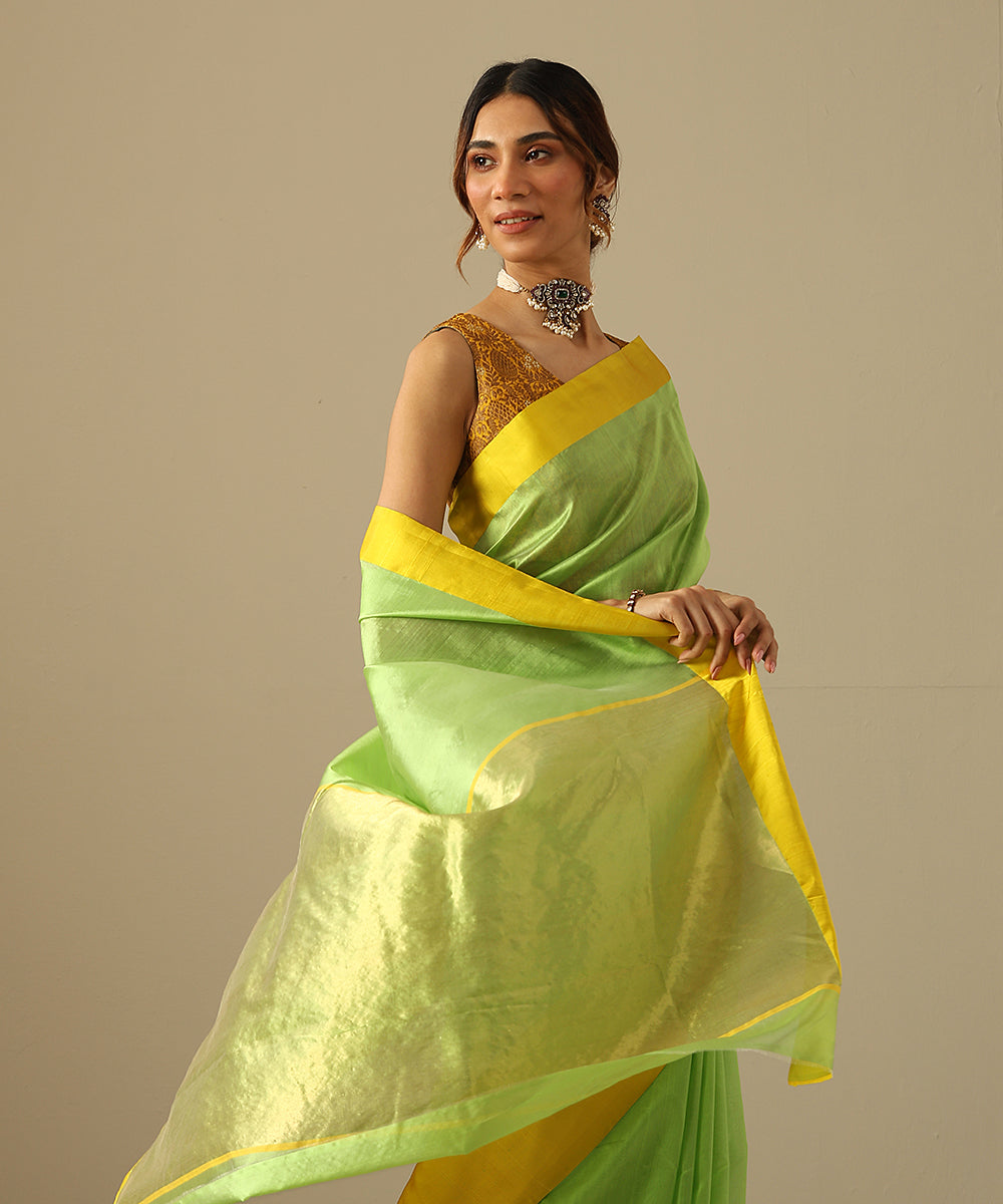 Handloom_Neon_Green_Pure_Silk_Chanderi_Saree_With_Yellow_Mashroo_Border_WeaverStory_01