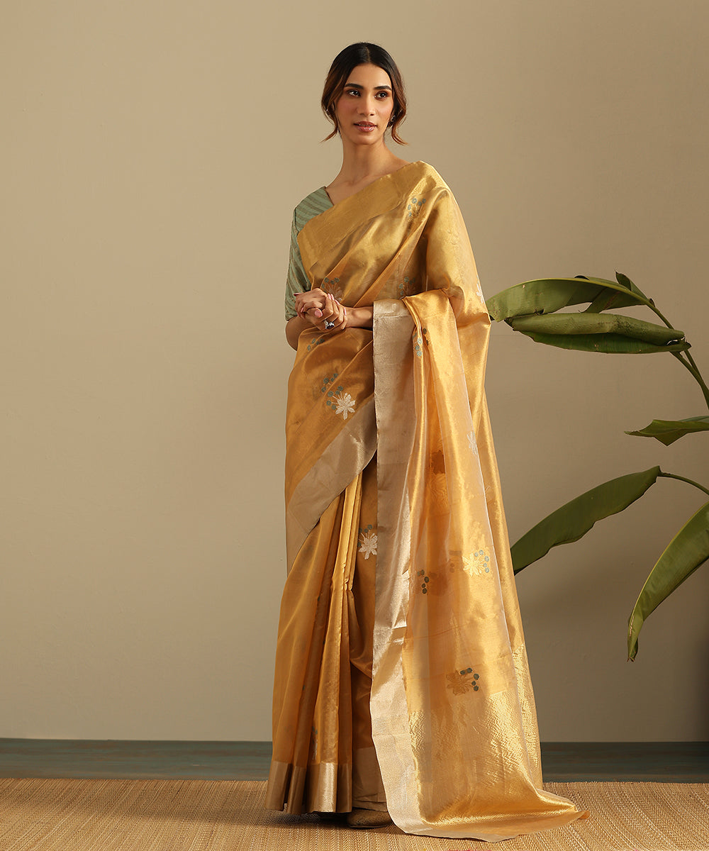 Handloom_Mustard_Pure_Silk_Chanderi_Saree_With_Grey_Flowers_And_Zari_Border_WeaverStory_02