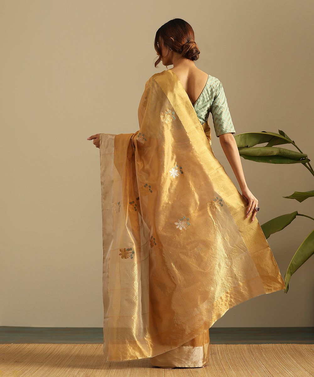 Handloom_Mustard_Pure_Silk_Chanderi_Saree_With_Grey_Flowers_And_Zari_Border_WeaverStory_03