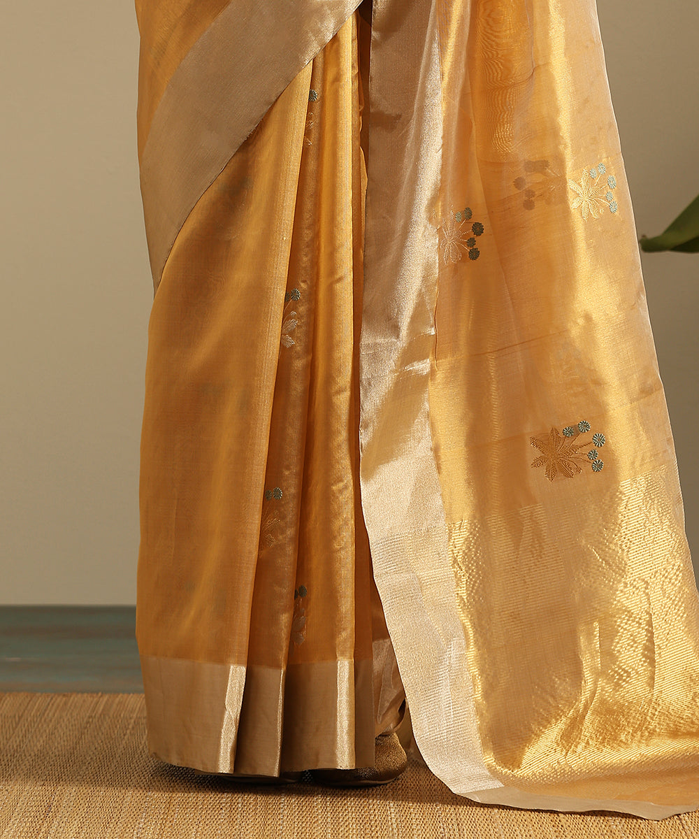 Handloom_Mustard_Pure_Silk_Chanderi_Saree_With_Grey_Flowers_And_Zari_Border_WeaverStory_05