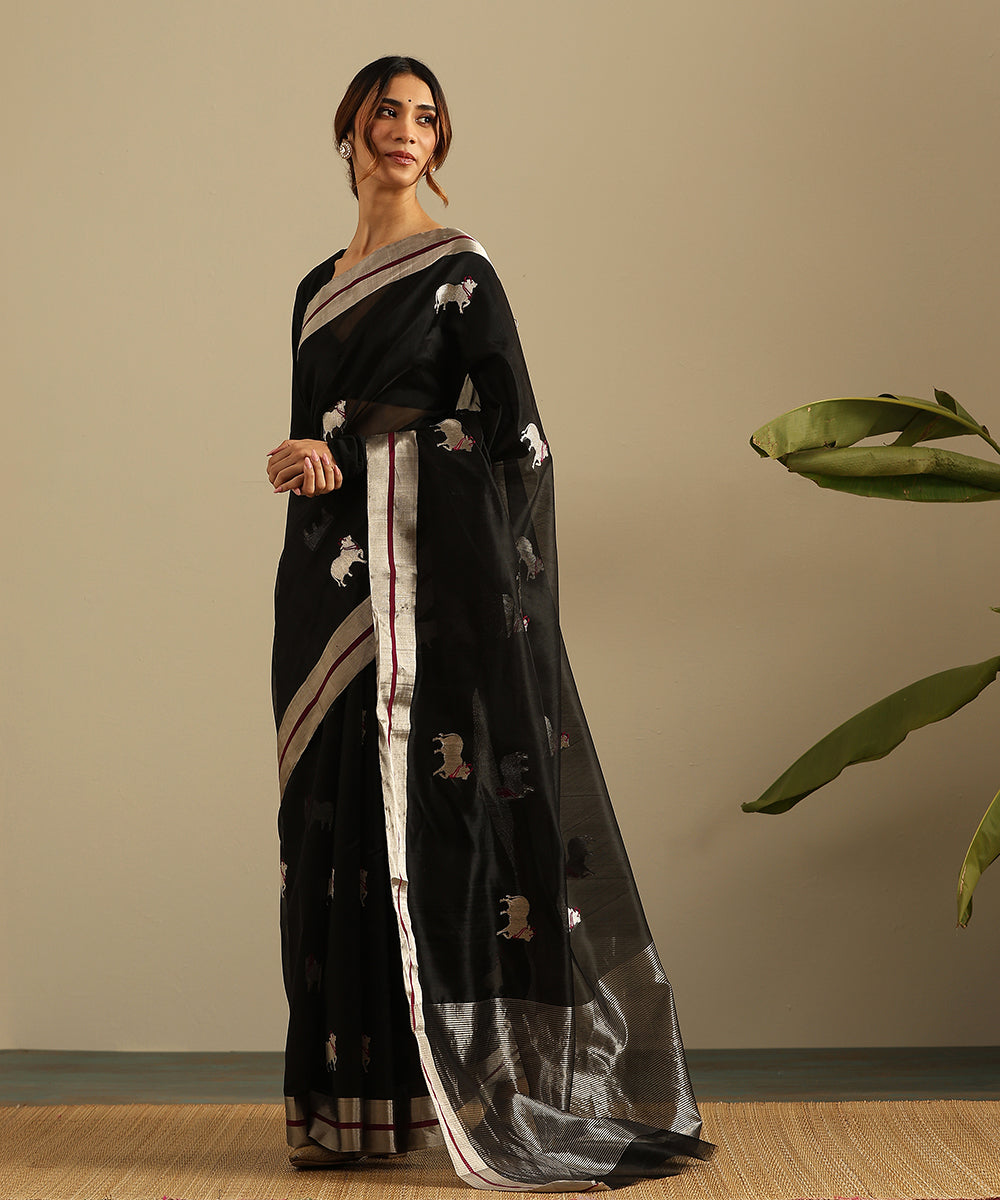 Black_Handloom_Pure_Silk_Chanderi_Saree_With_Cow_Motifs_WeaverStory_02