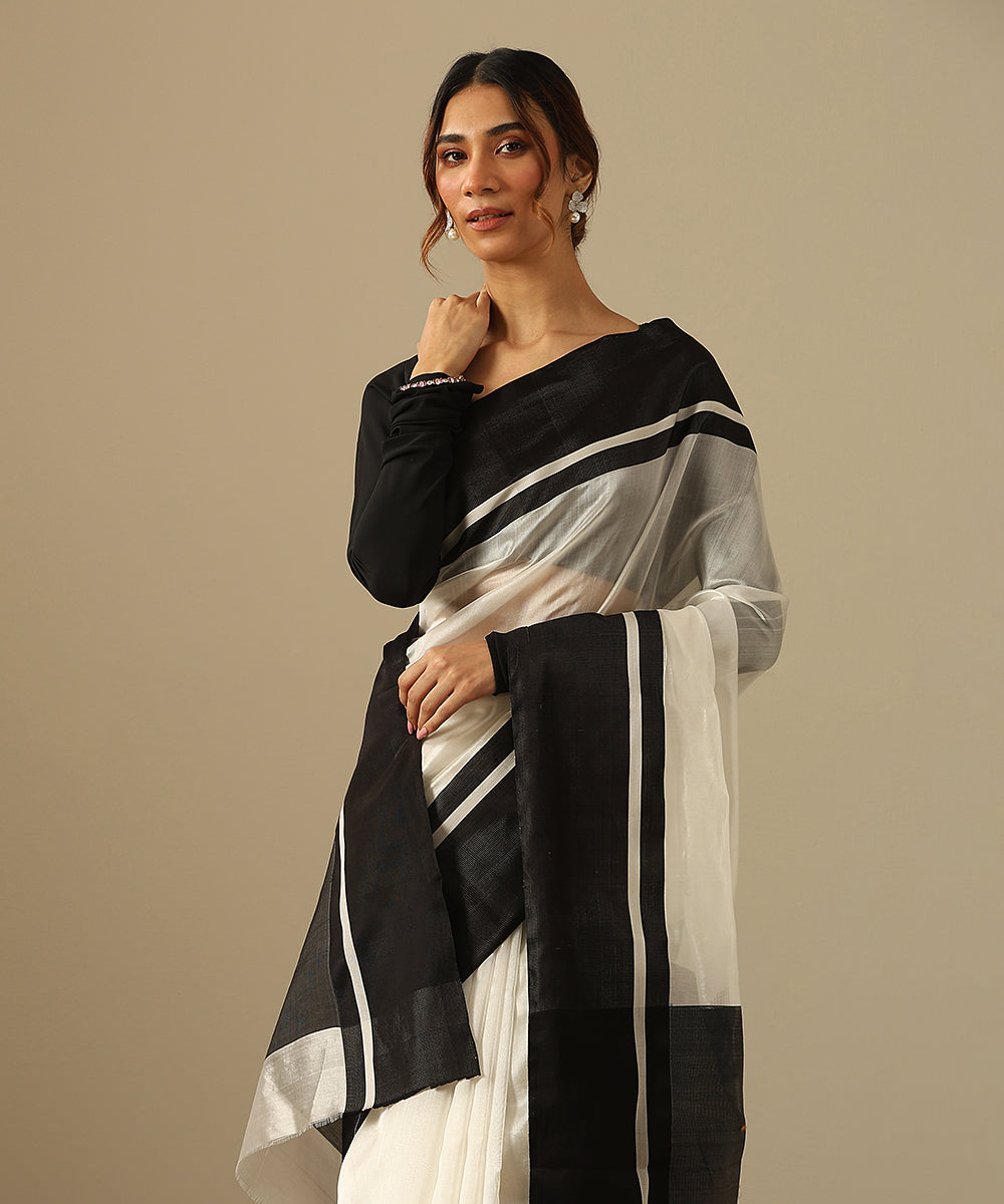 White_Handloom_Pure_Silk_Chanderi_Saree_With_Black_Mashroo_Border_WeaverStory_01