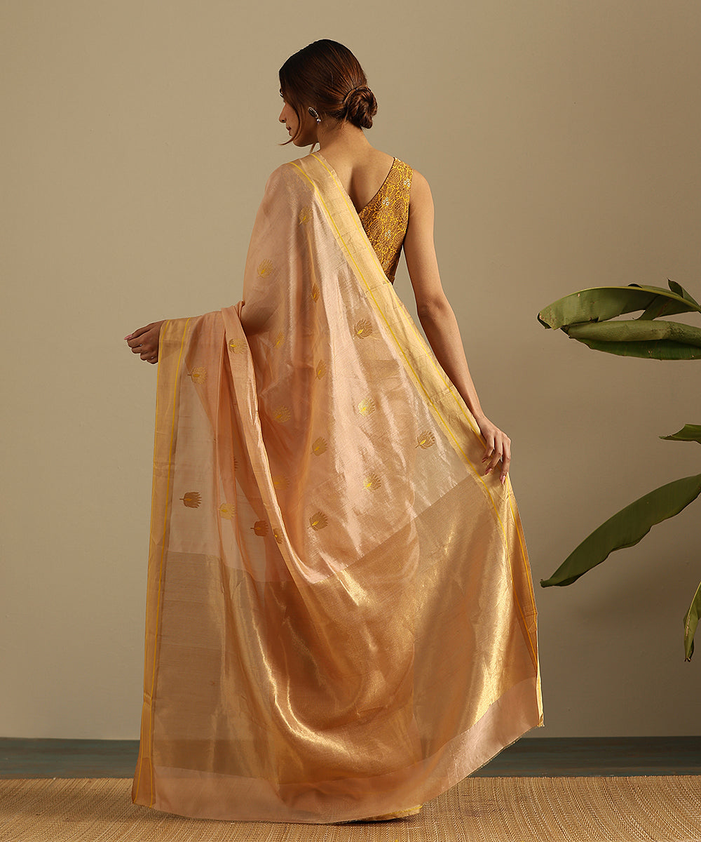 Peach_Handloom_Pure_Tissue_Silk_Chanderi_Saree_With_Lotus_Flower_Motifs_WeaverStory_03