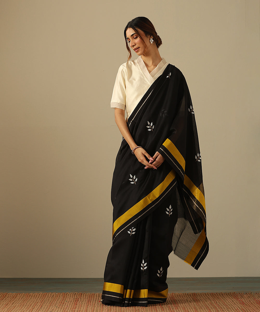 Black_Handloom_Cotton_Silk_Chanderi_Saree_With_Leaf_Motifs_And_Yellow_Mashroo_Border_WeaverStory_02
