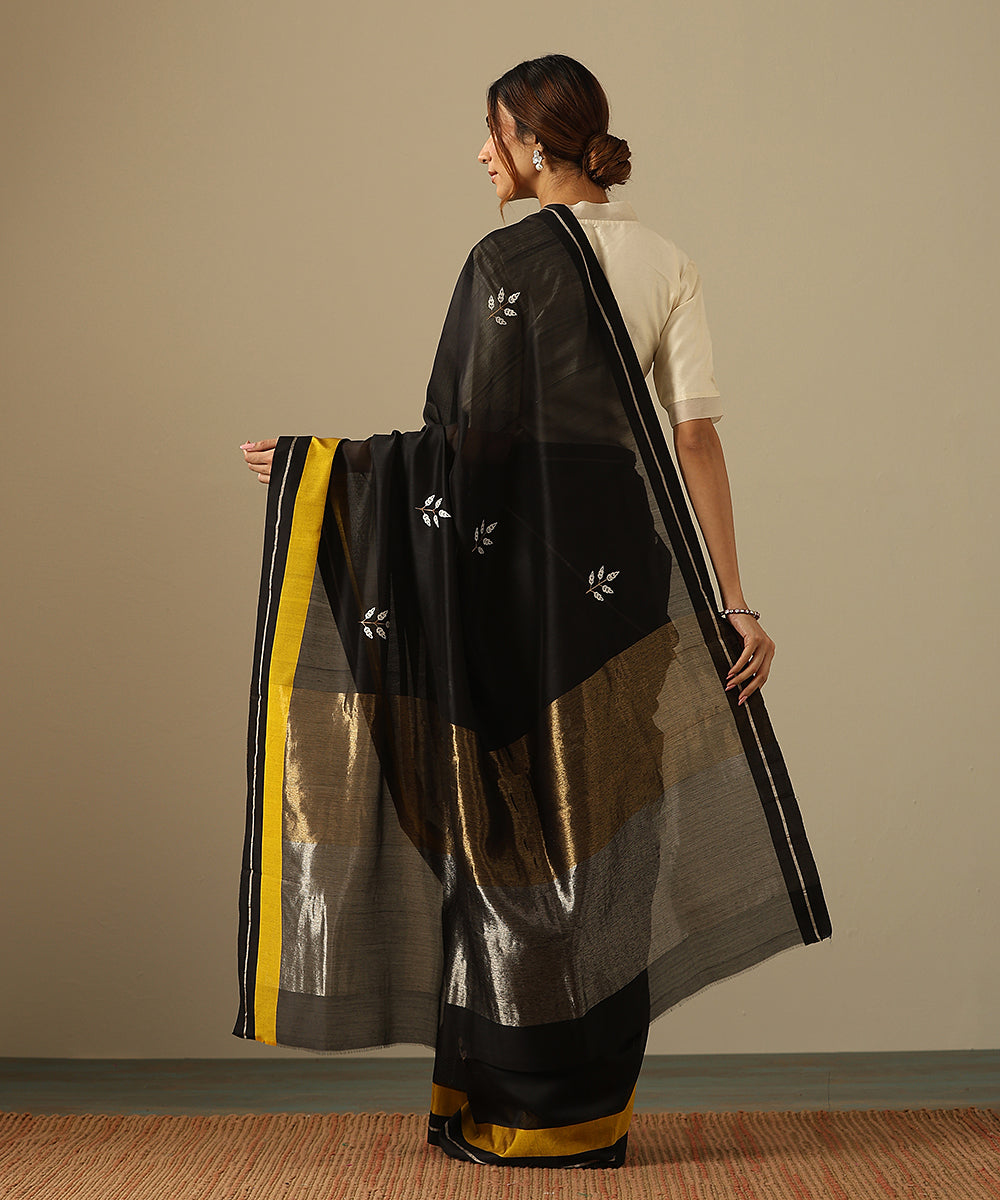 Black_Handloom_Cotton_Silk_Chanderi_Saree_With_Leaf_Motifs_And_Yellow_Mashroo_Border_WeaverStory_03