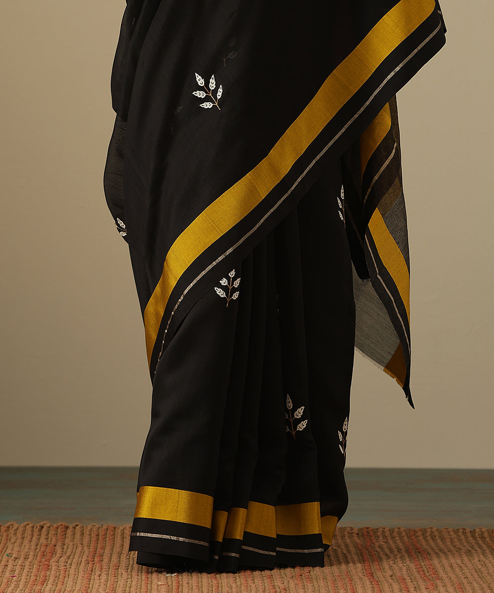 Black_Handloom_Cotton_Silk_Chanderi_Saree_With_Leaf_Motifs_And_Yellow_Mashroo_Border_WeaverStory_05