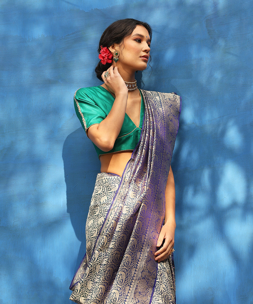 Handloom_Blue_Pure_Katan_Silk_Kimkhab_Shikargah_Saree_With_Elephants_And_Parrot_Motifs_WeaverStory_02
