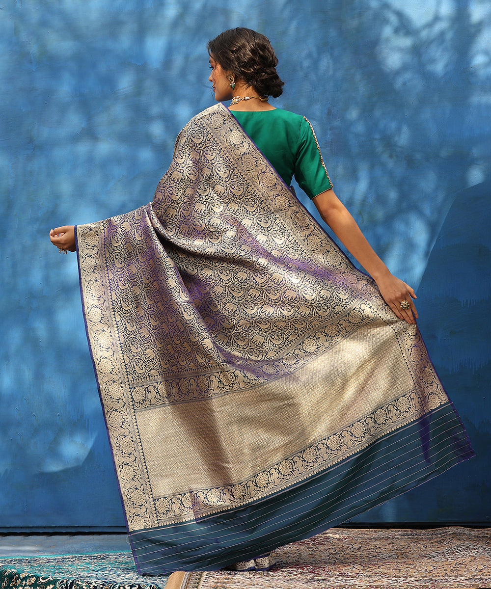 Handloom_Blue_Pure_Katan_Silk_Kimkhab_Shikargah_Saree_With_Elephants_And_Parrot_Motifs_WeaverStory_03