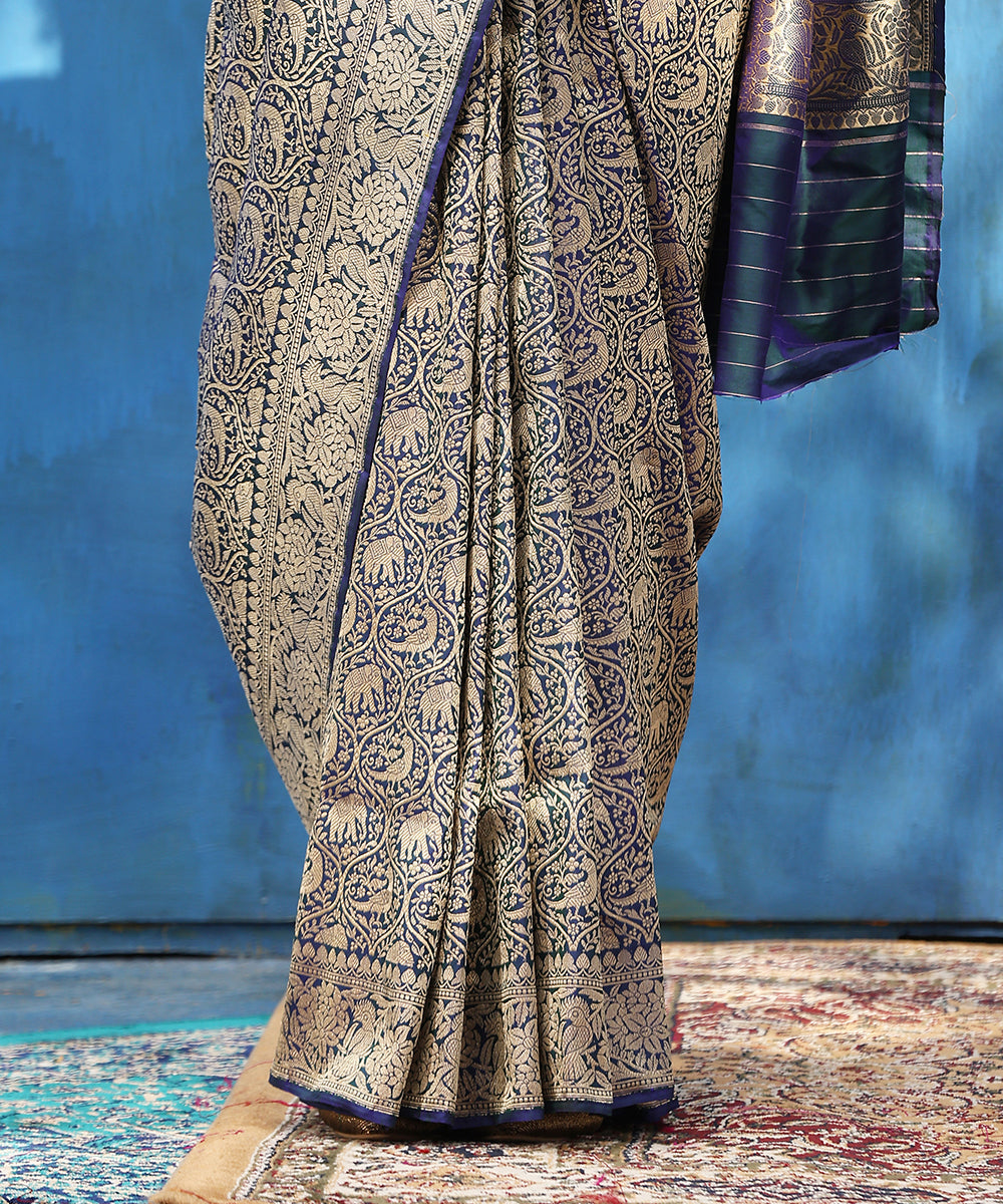 Handloom_Blue_Pure_Katan_Silk_Kimkhab_Shikargah_Saree_With_Elephants_And_Parrot_Motifs_WeaverStory_04