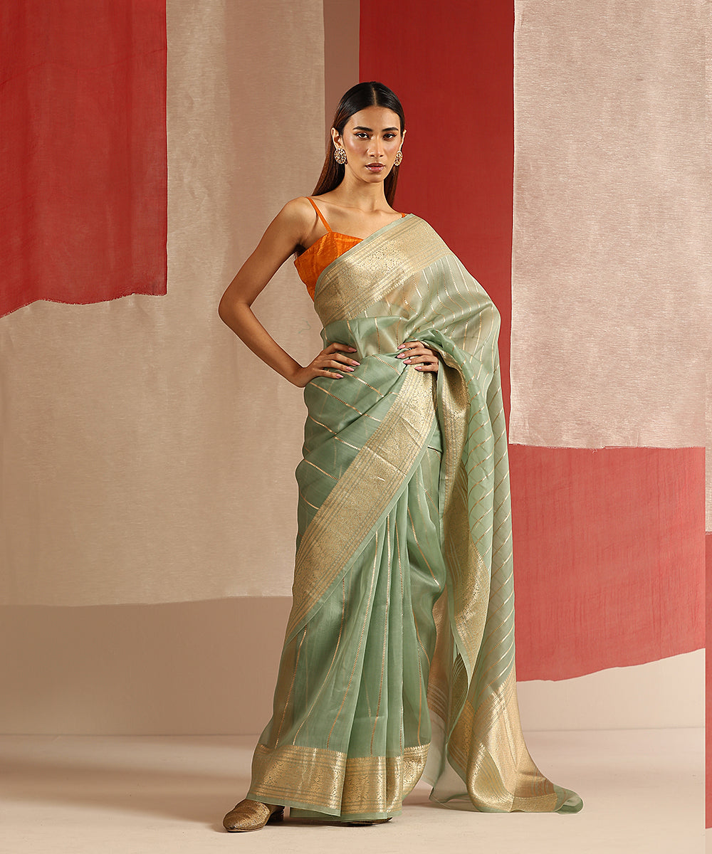 Handloom_Sage_Green_Pure_Kora_Silk_Banarasi_Saree_With_Gold_Zari_Stripes_And_Kadhwa_Border_WeaverStory_02