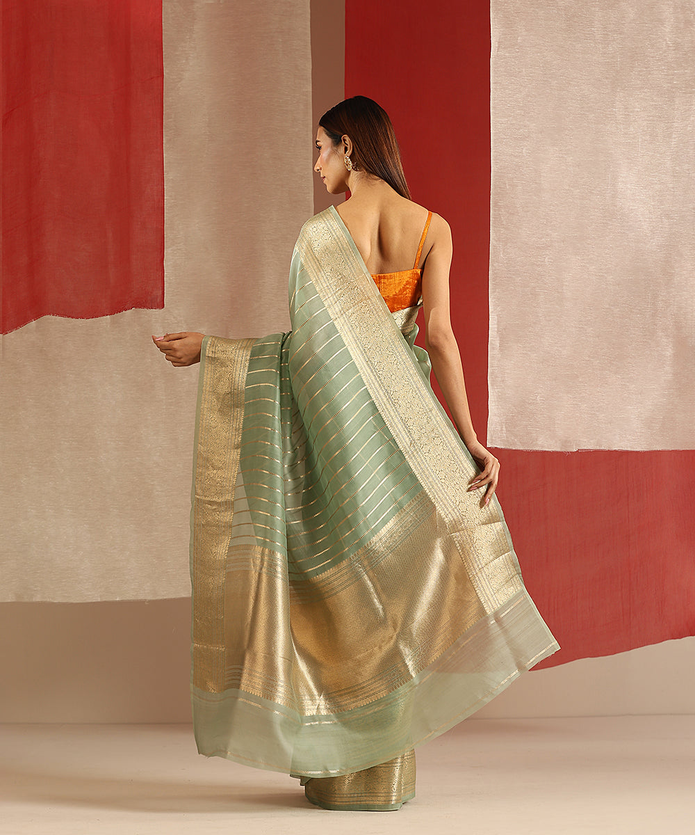 Handloom_Sage_Green_Pure_Kora_Silk_Banarasi_Saree_With_Gold_Zari_Stripes_And_Kadhwa_Border_WeaverStory_03