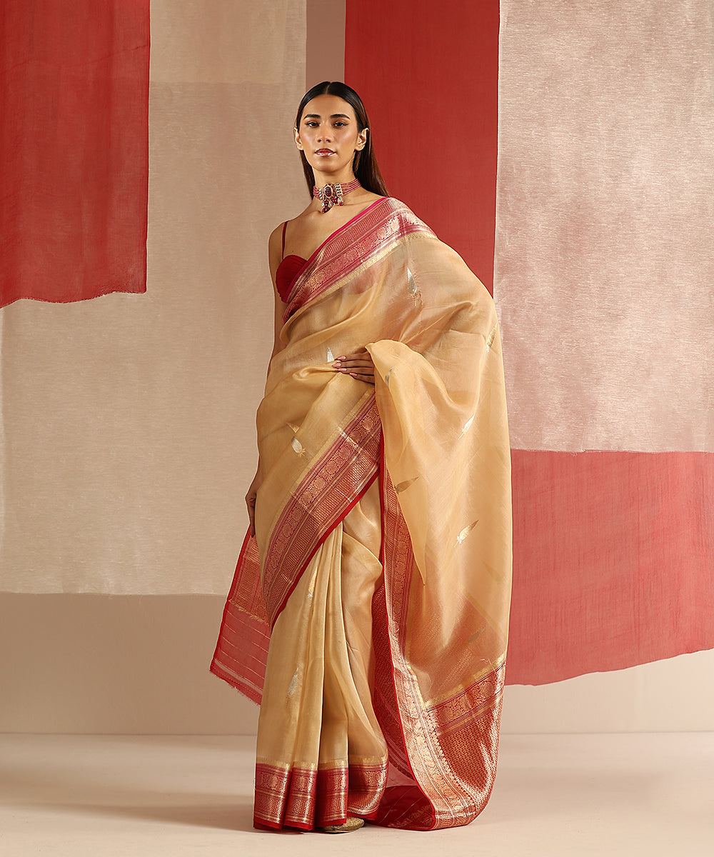 Beige_Handloom_Pure_Kora_Silk_Banarasi_Saree_With_Red_And_Pink_Border_WeaverStory_02