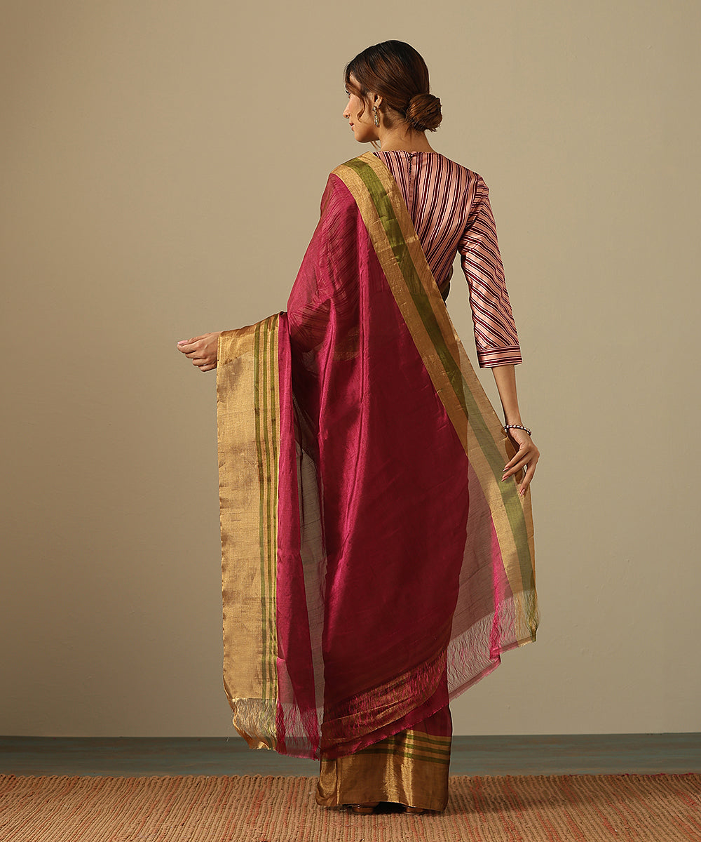Handloom_Magenta_Pure_Chanderi_Tissue_Saree_With_Gold_Zari_Border_With_Green_Stripes_WeaverStory_03