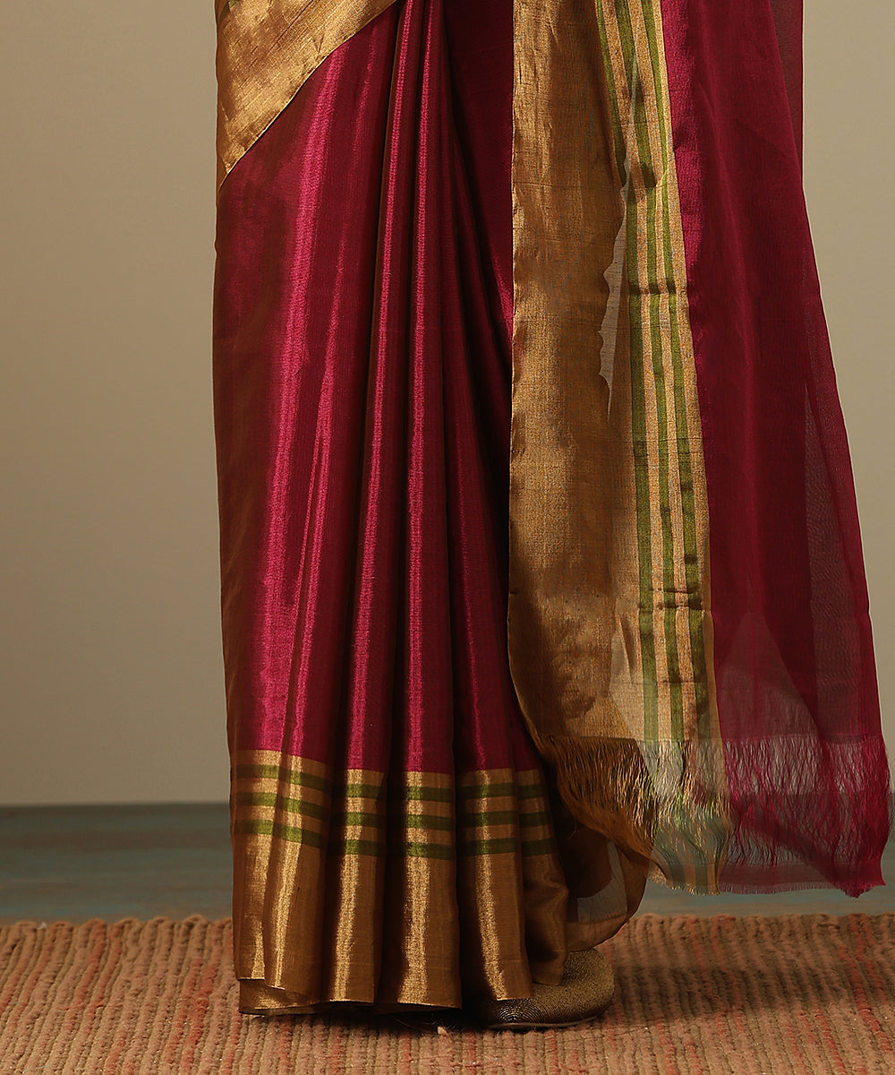 Handloom_Magenta_Pure_Chanderi_Tissue_Saree_With_Gold_Zari_Border_With_Green_Stripes_WeaverStory_04