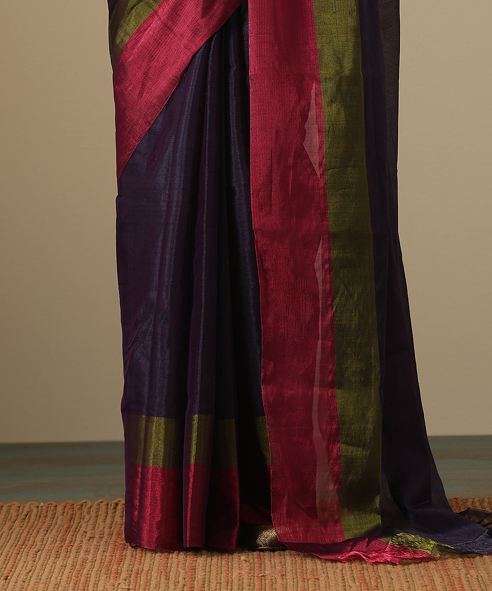 Handloom_Purple_Pure_Chanderi_Tissue_Handloom_Saree_With_Magenta_And_Green_Border_WeaverStory_04