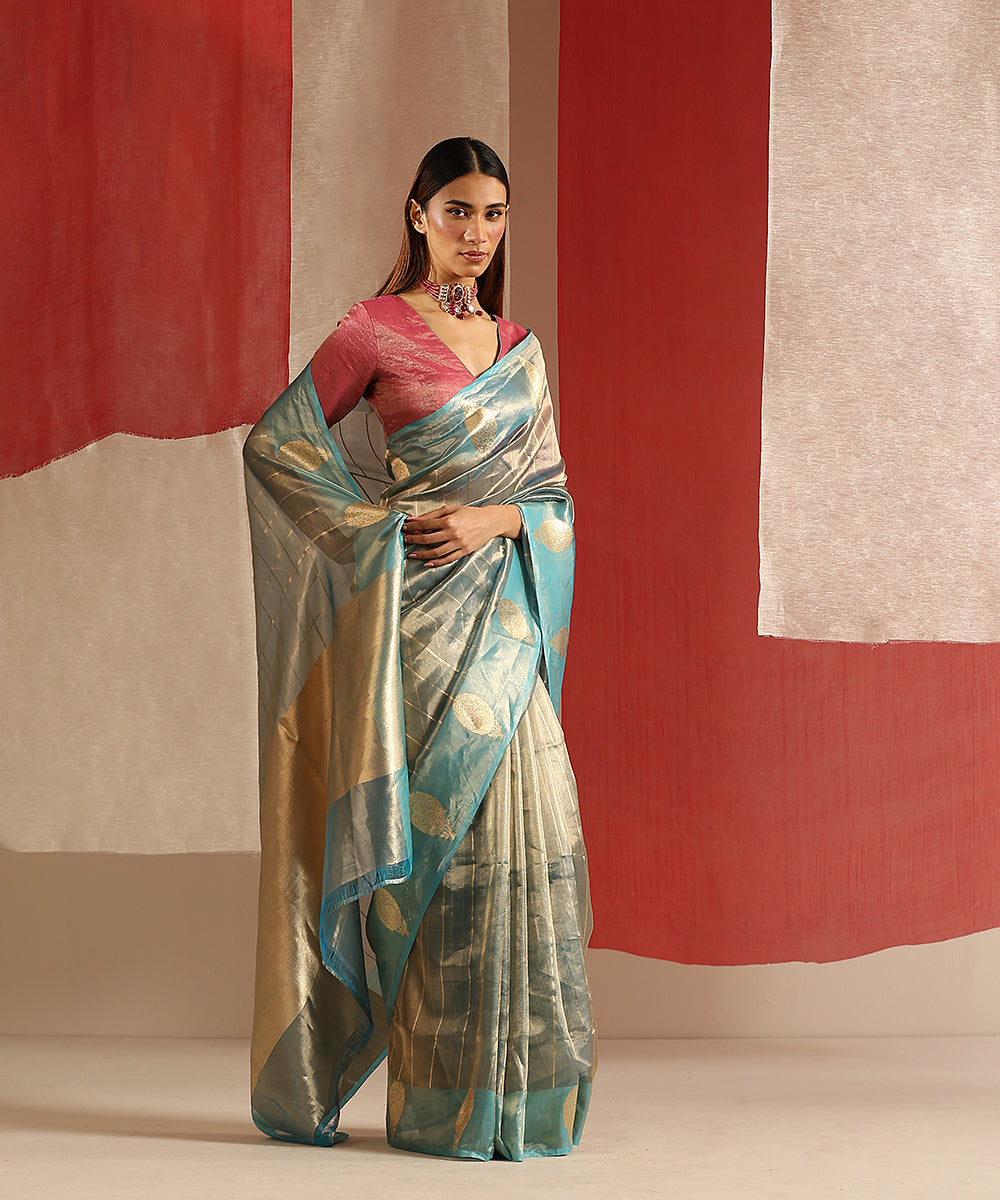 Handloom_Aqua_And_Gold_Pure_Tissue_Silk_Banarasi_Saree_With_Kadhwa_Boota_WeaverStory_02