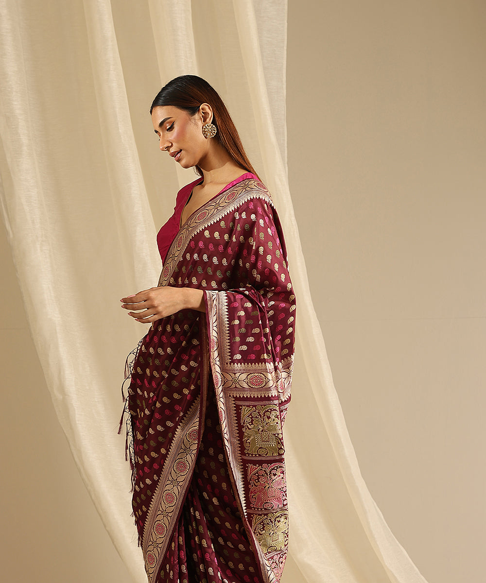 Wine_Handloom_Pure_Malda_Silk_Banarasi_Baluchari_Saree_With_Elephant_Palla_WeaverStory_01