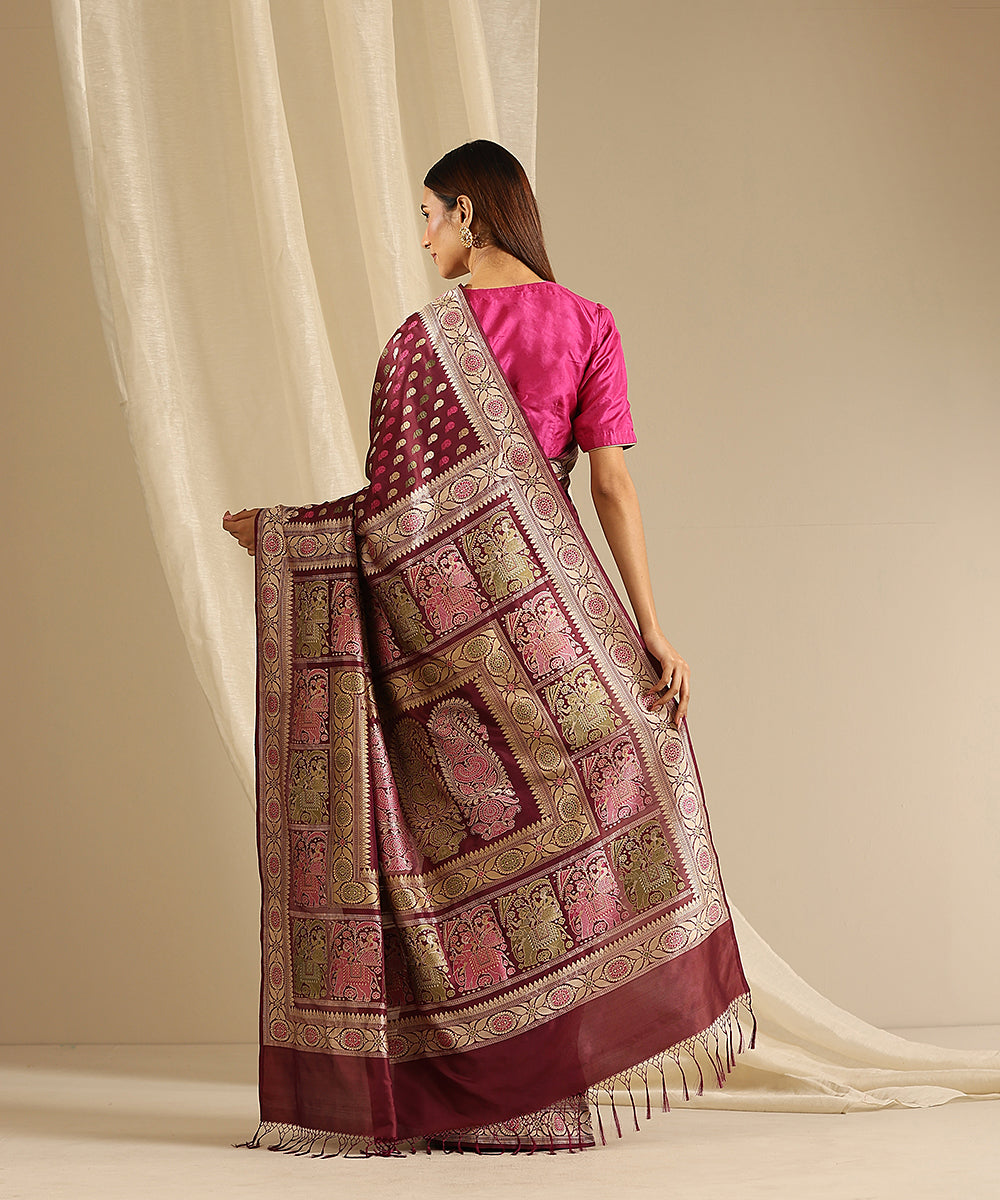 Wine_Handloom_Pure_Malda_Silk_Banarasi_Baluchari_Saree_With_Elephant_Palla_WeaverStory_03