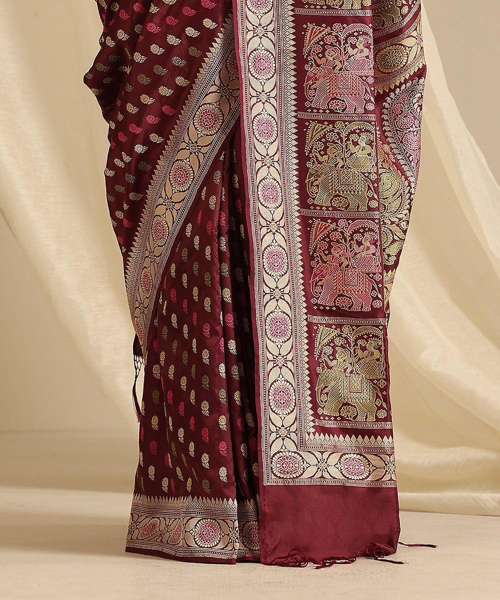 Wine_Handloom_Pure_Malda_Silk_Banarasi_Baluchari_Saree_With_Elephant_Palla_WeaverStory_04