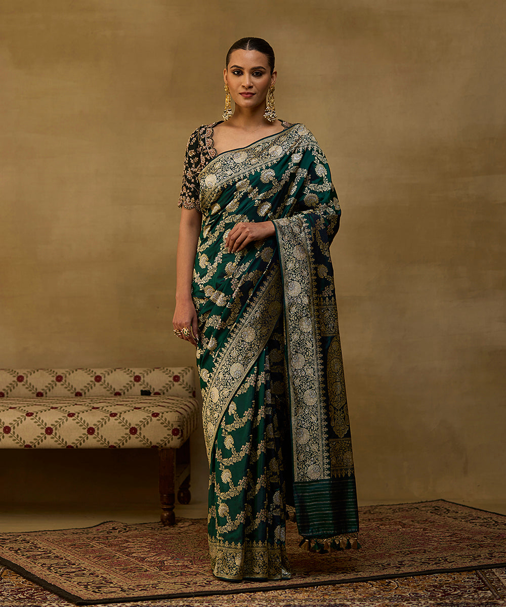Dark_Green_Handloom_Pure_Katan_Silk_Kadhwa_Banarasi_Saree_With_Gold_And_Silver_Zari_WeaverStory_02