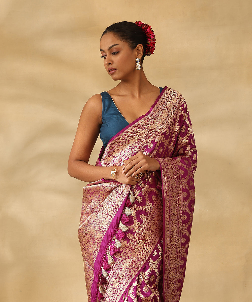 Handloom_Purple_Pure_Katan_Silk_Banarasi_Saree_With_Champagne_Gold_Zari_Cutwork_Floral_Jaal_WeaverStory_02