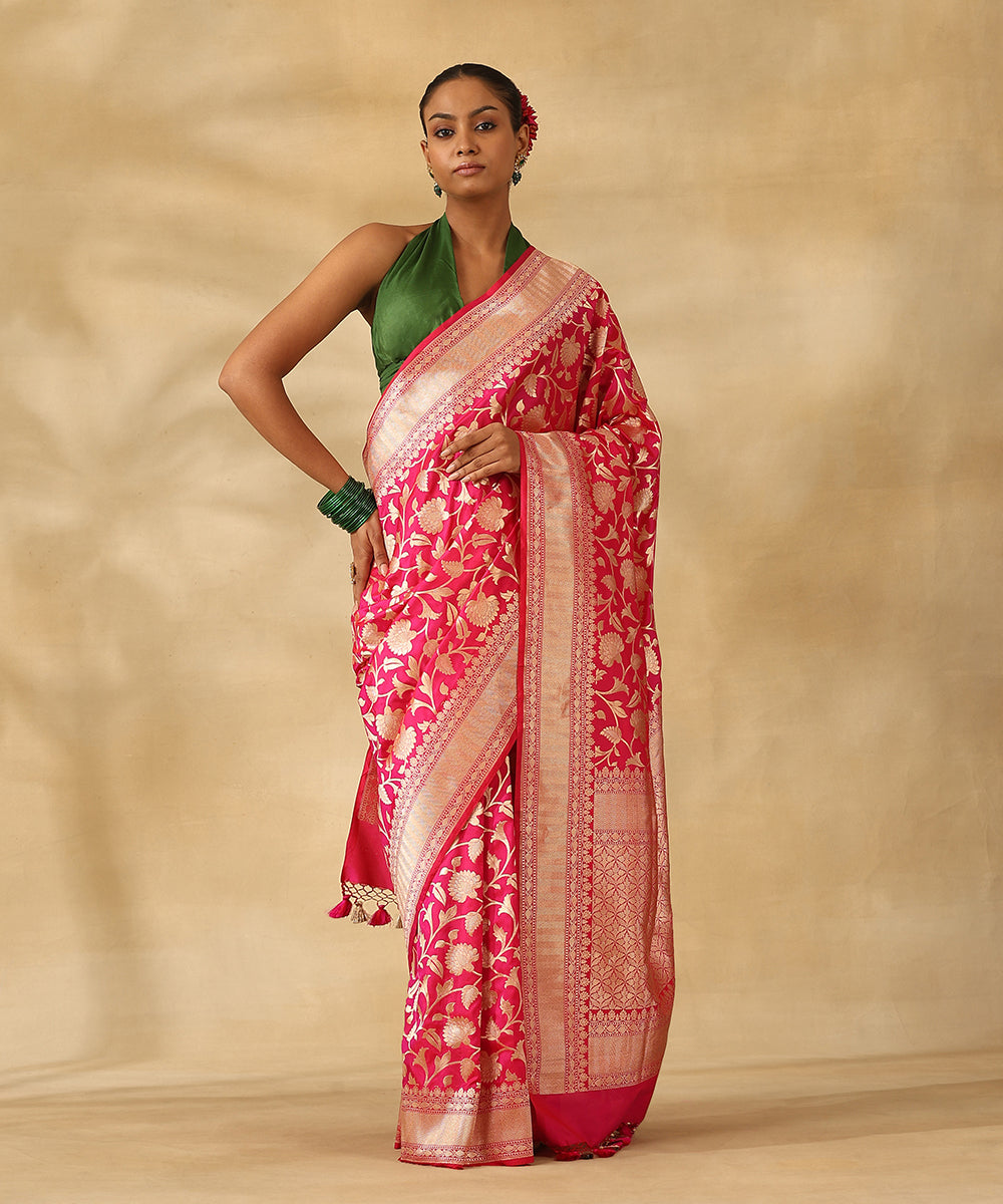 Handloom_Hot_Pink_Pure_Katan_Silk_Banarasi_Saree_With_Champagne_Gold_Zari_Cutwork_Floral_Jaal_WeaverStory_02
