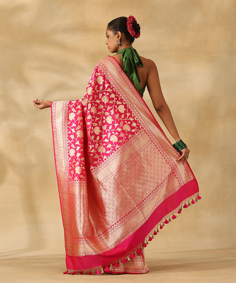 Handloom_Hot_Pink_Pure_Katan_Silk_Banarasi_Saree_With_Champagne_Gold_Zari_Cutwork_Floral_Jaal_WeaverStory_03